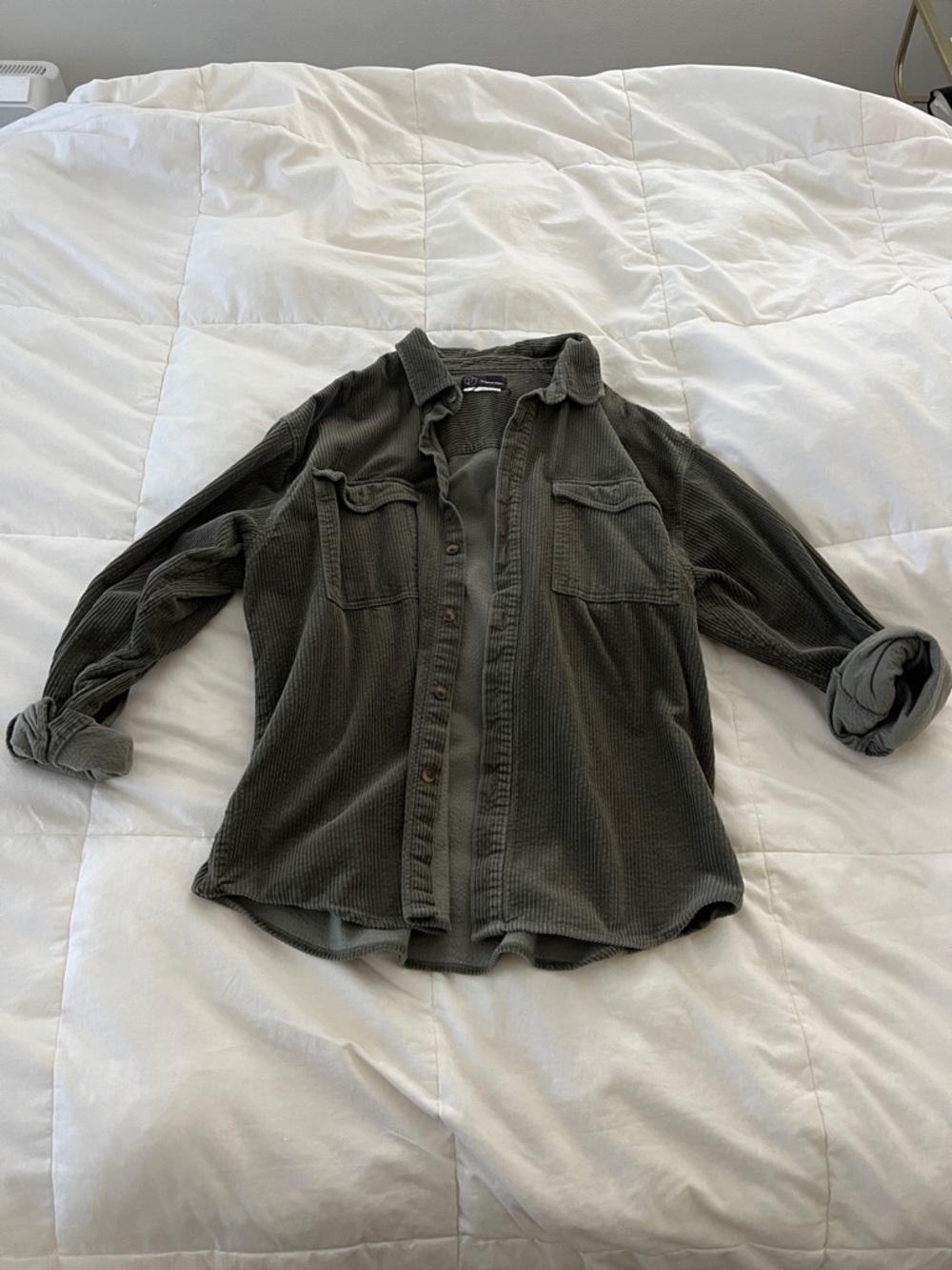 Waffle-Knit Corduroy Button-Down Shirt Jacket in Olive